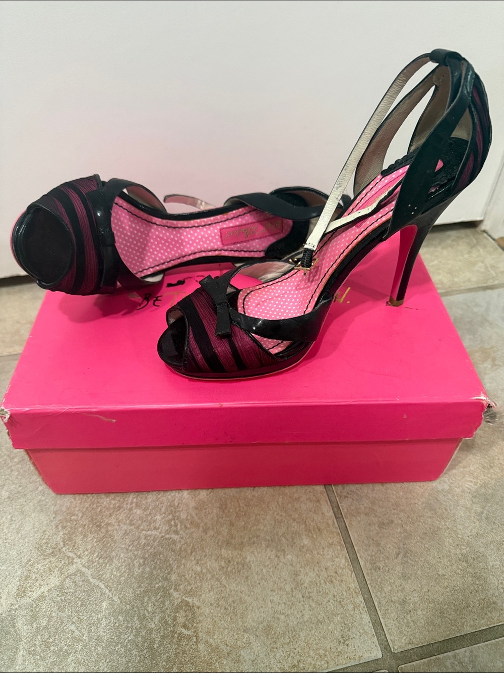 Betsey Johnson Black Strappy Pink-Lined High Heels